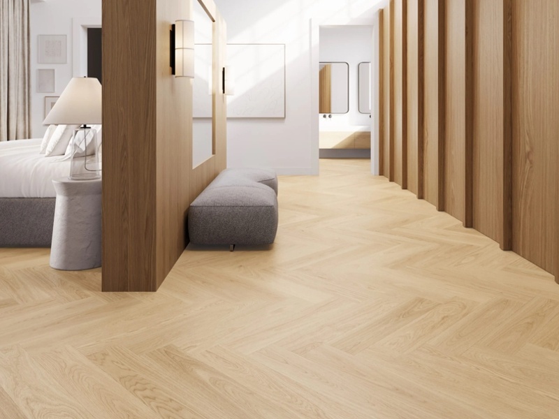 Oak Vanilla, vinyl flooring Next Step 34 Herringbone with underlay